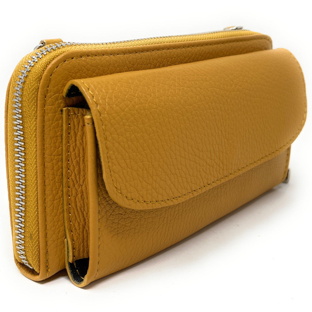 Sac portefeuille à bandoulière en cuir grainé CITY Jaune Moutarde