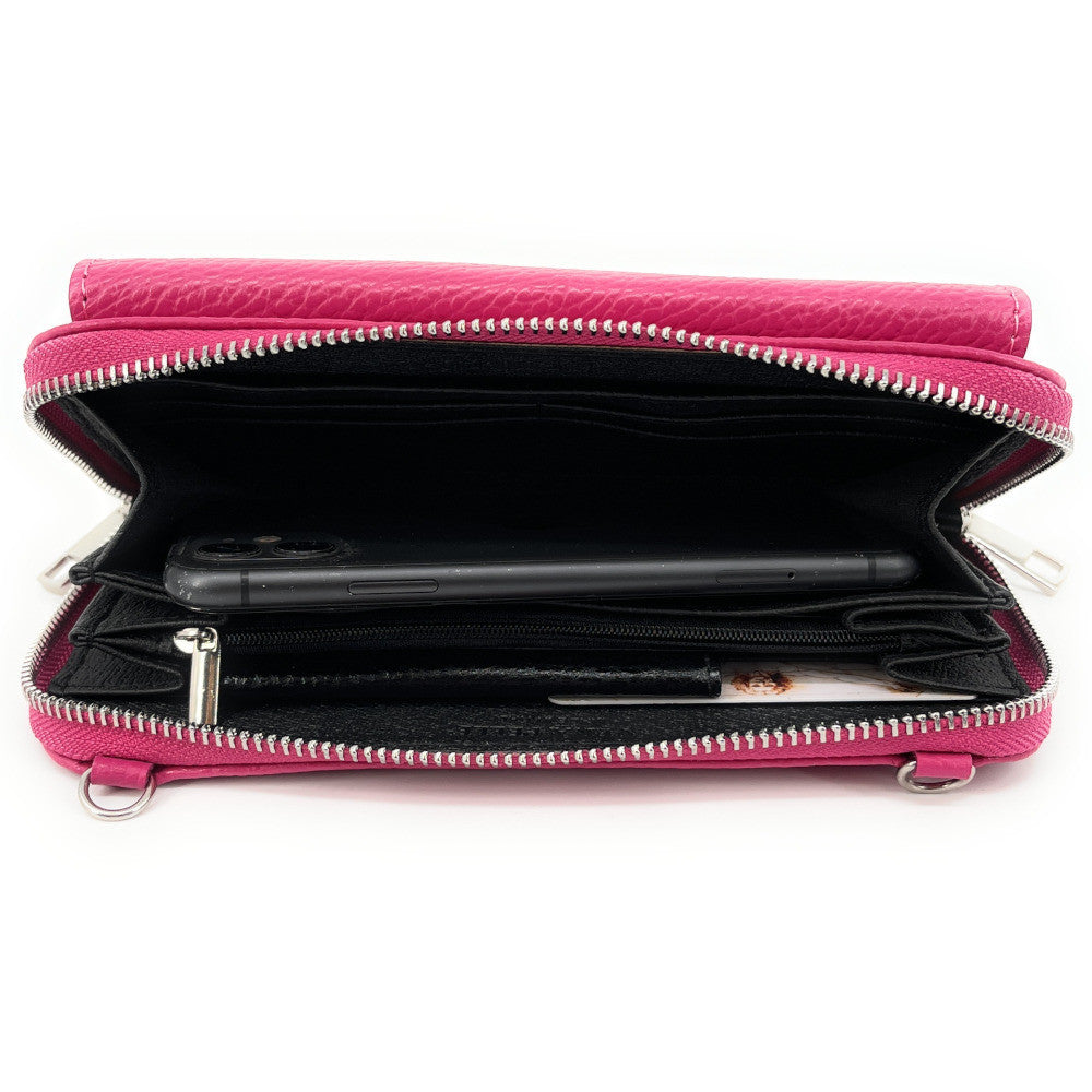 Sac portefeuille à bandoulière en cuir grainé CITY Rose fuchsia