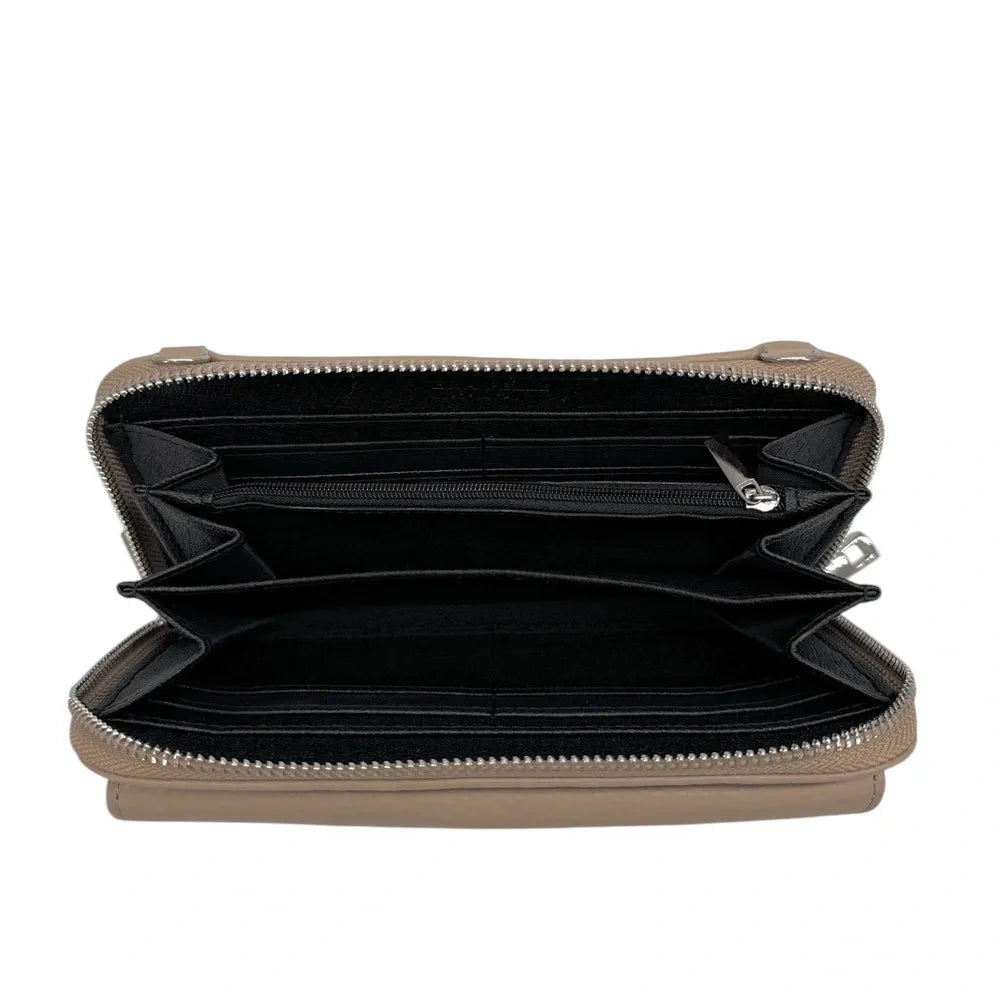 Sac portefeuille à bandoulière en cuir grainé CITY Taupe