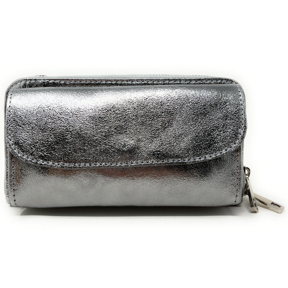 Sac portefeuille à bandoulière en cuir grainé CITY Argent moyen