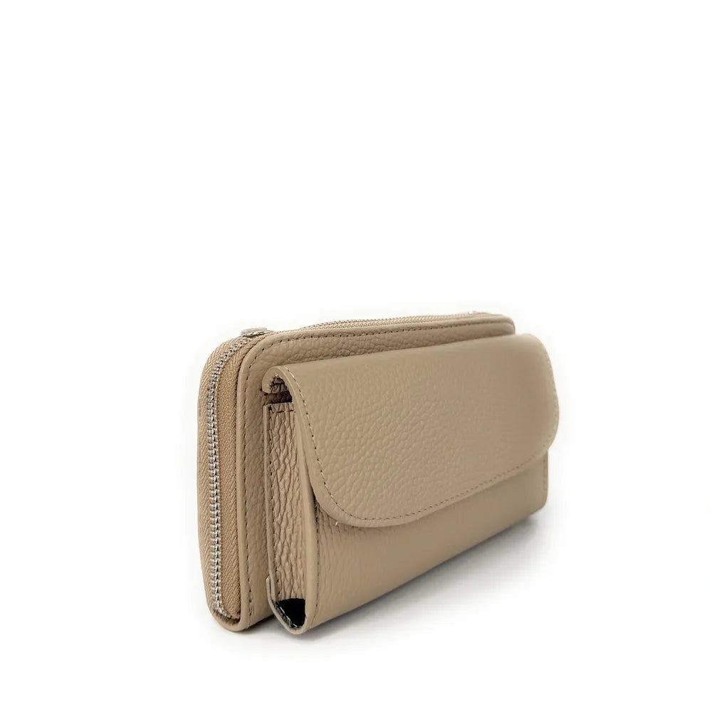 Sac portefeuille à bandoulière en cuir grainé CITY Taupe clair