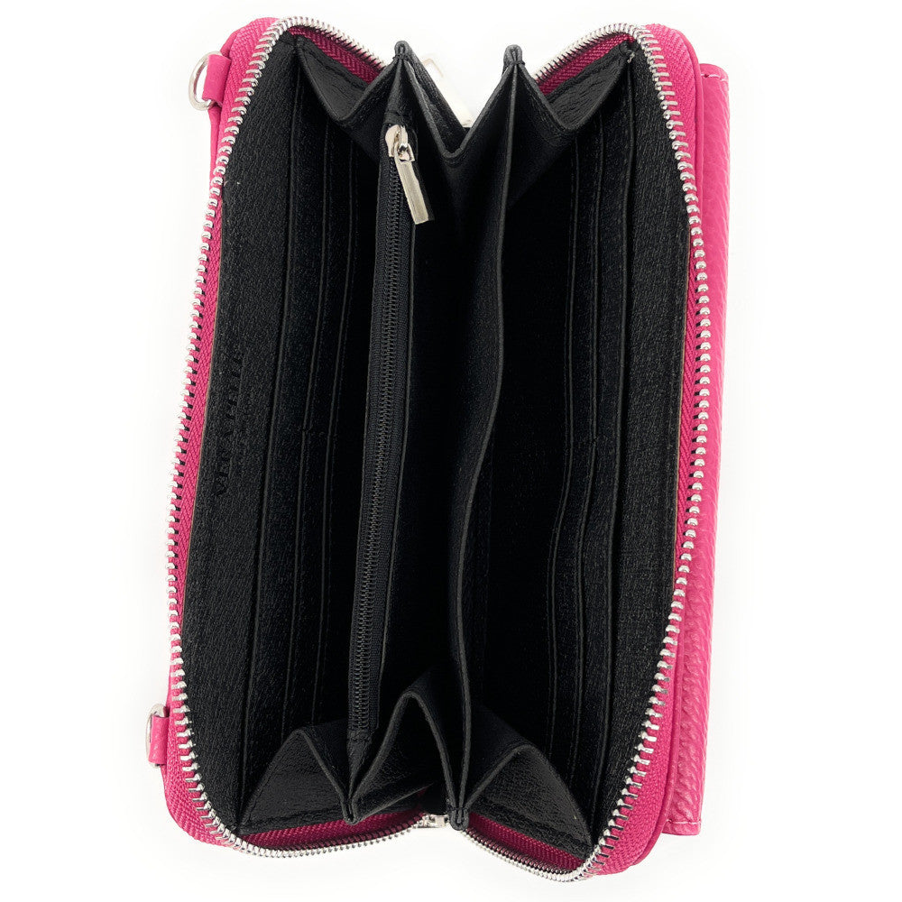 Sac portefeuille à bandoulière en cuir grainé CITY Rose fuchsia