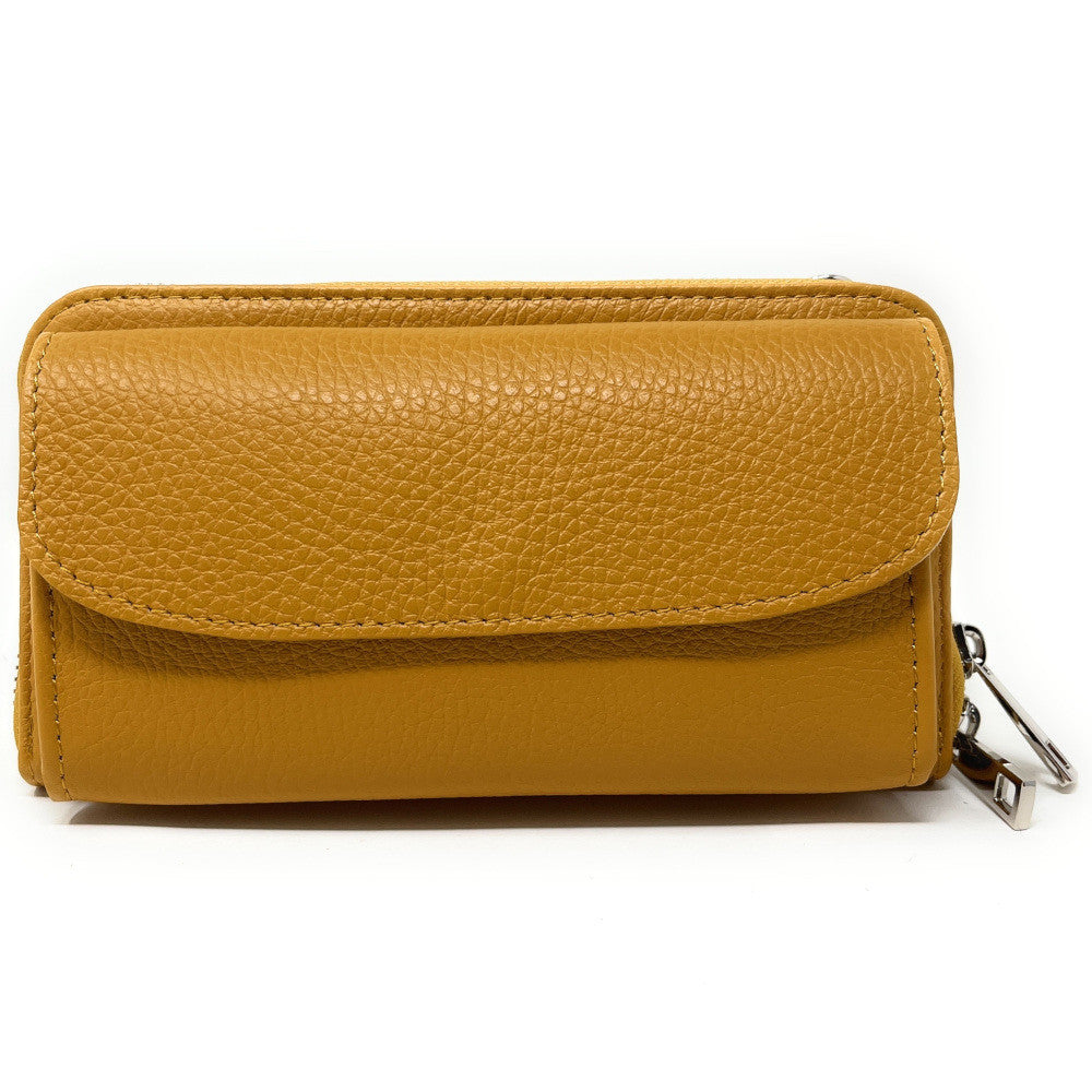 Sac portefeuille à bandoulière en cuir grainé CITY Jaune Moutarde