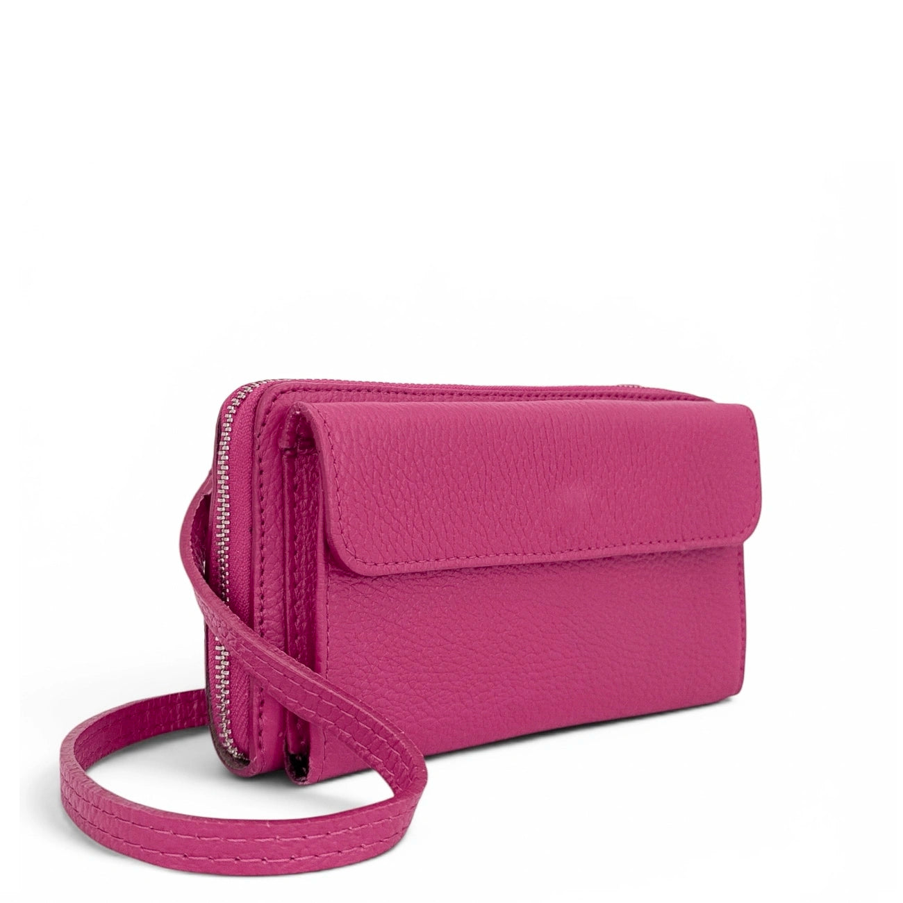 Sac portefeuille à bandoulière en cuir grainé CITY Rose fuchsia