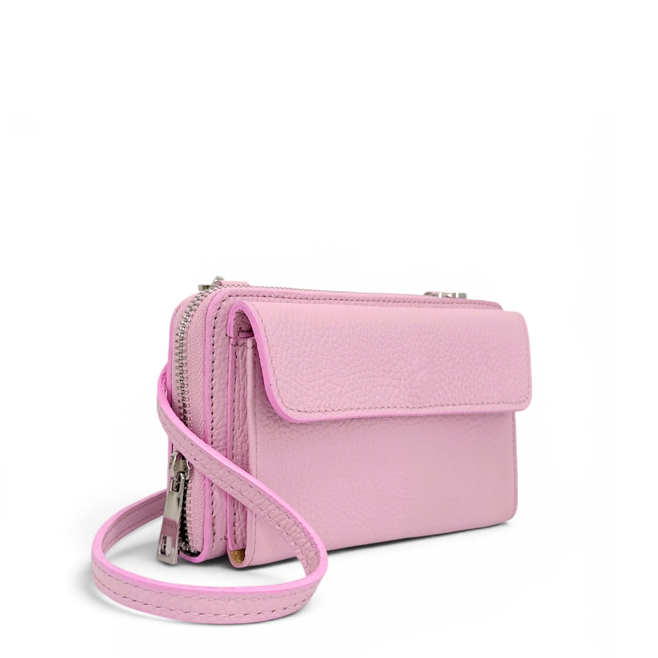 Sac portefeuille à bandoulière en cuir grainé CITY Rose pastel
