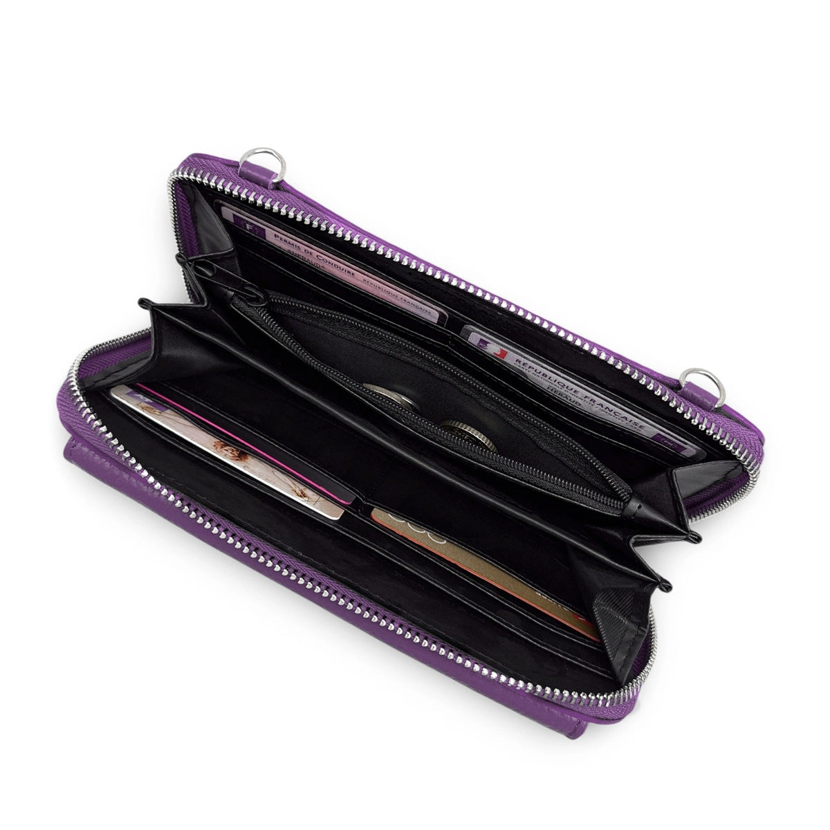 Portemonnaie-Tasche mit Schulterriemen aus genarbtem Leder CITY Violett