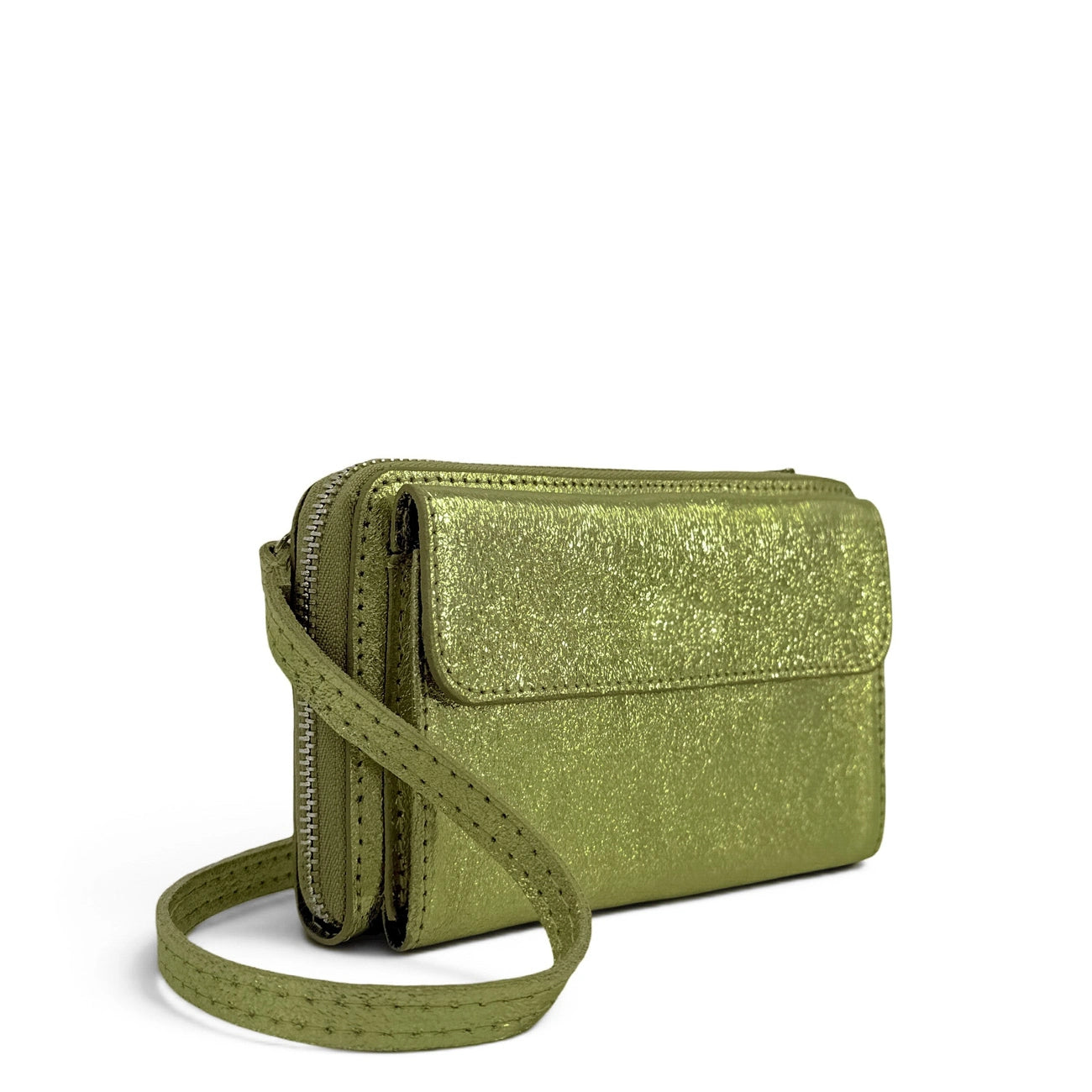 Sac portefeuille à bandoulière en cuir irisé CITY Vert Kaki
