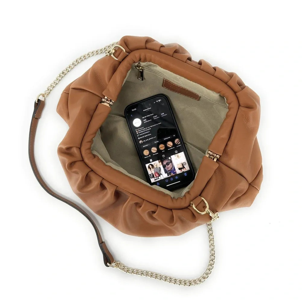 Sac pouch en cuir box-calf ATHALIE Camel