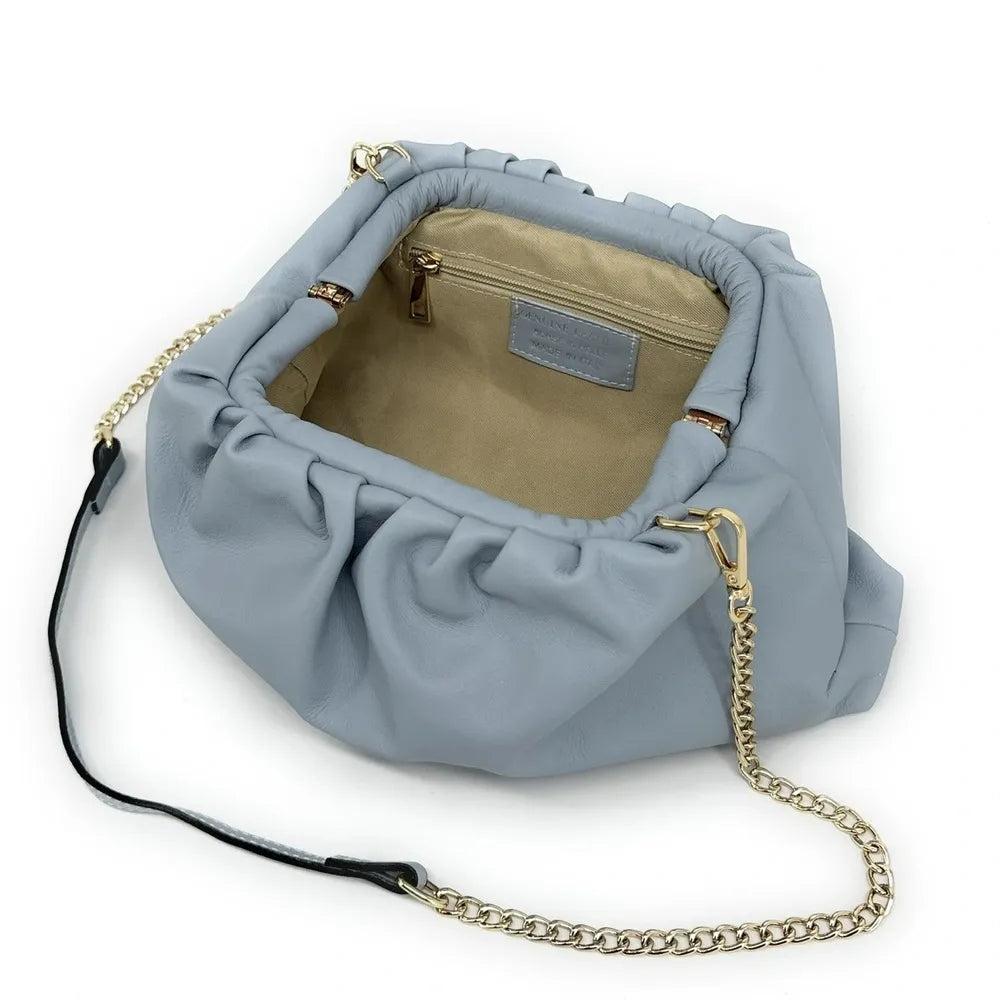 Sac pouch en cuir box-calf ATHALIE Bleu pastel