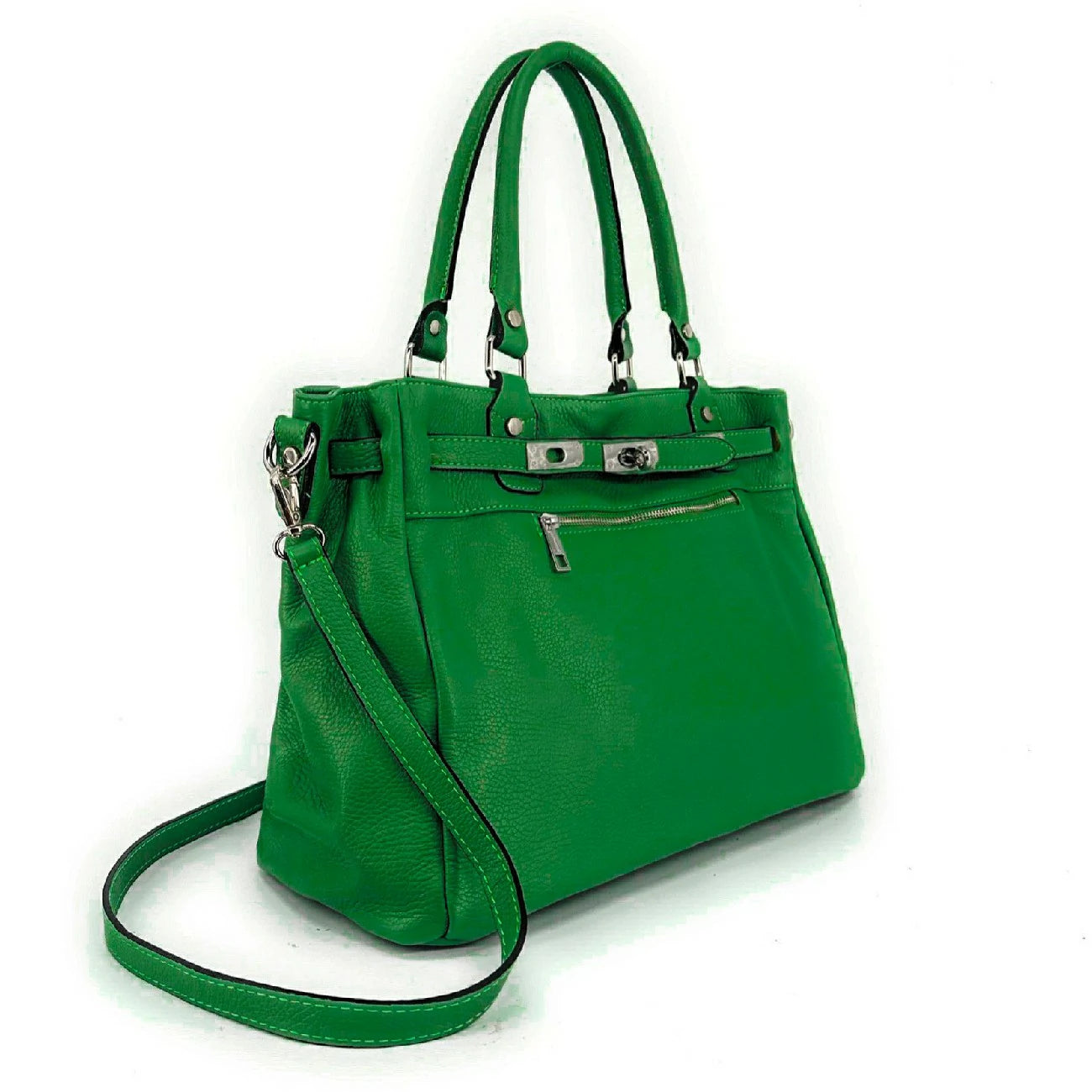 Sac cabas en cuir grainé JANET SILVER Vert anglais