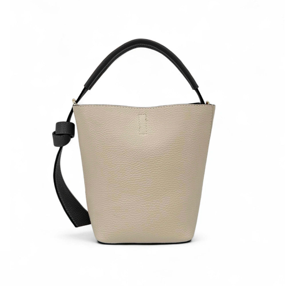 Beuteltasche und Clutch aus genarbtem Leder BIRDIE Beige und Schwarz