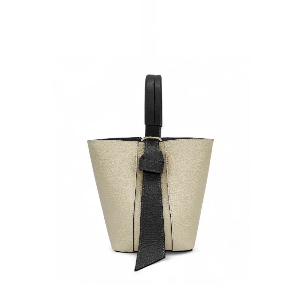 Sac seau et pochette en cuir grainé BIRDIE Beige et Noir