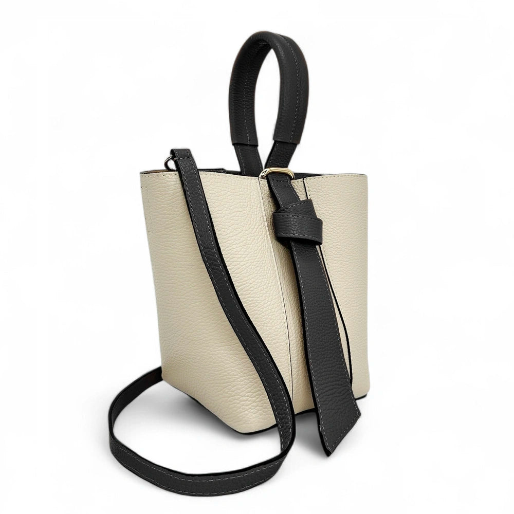 Sac seau et pochette en cuir grainé BIRDIE Beige et Noir