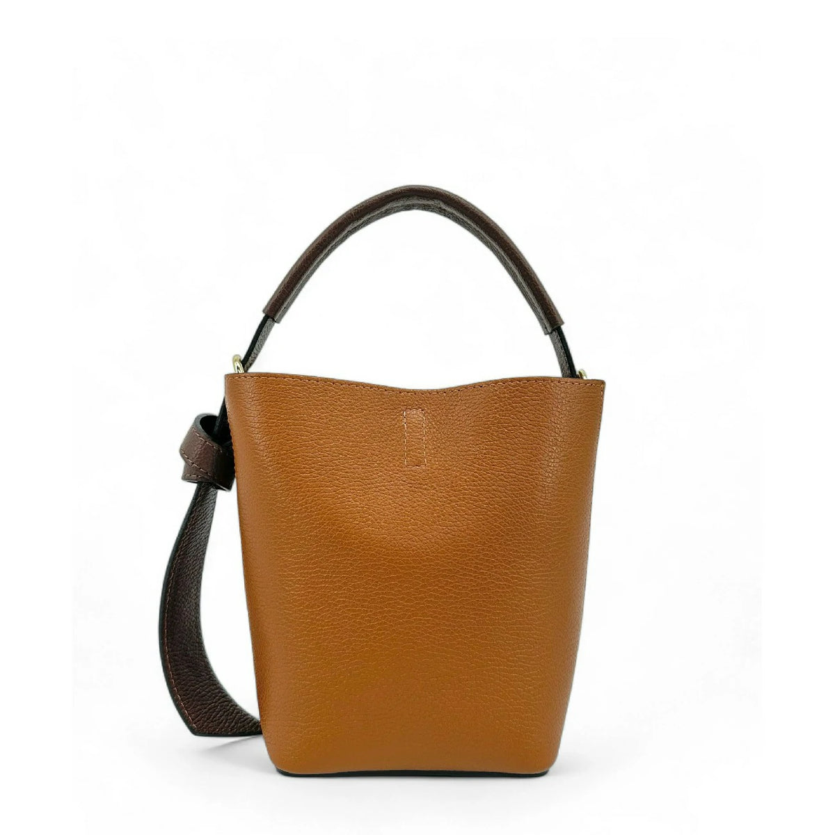Beuteltasche und Clutch aus genarbtem Leder BIRDIE Dunkelcamel und Schokolade