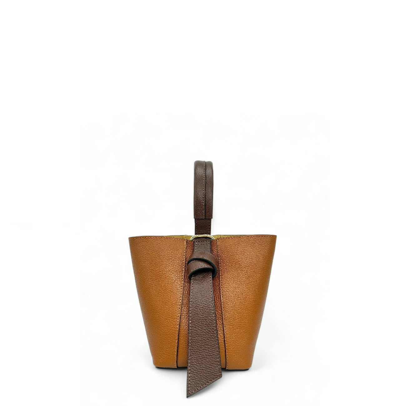 Sac seau et pochette en cuir grainé BIRDIE Camel foncé et Chocolat