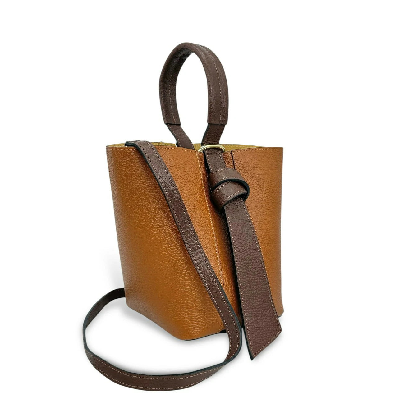 Sac seau et pochette en cuir grainé BIRDIE Camel foncé et Chocolat