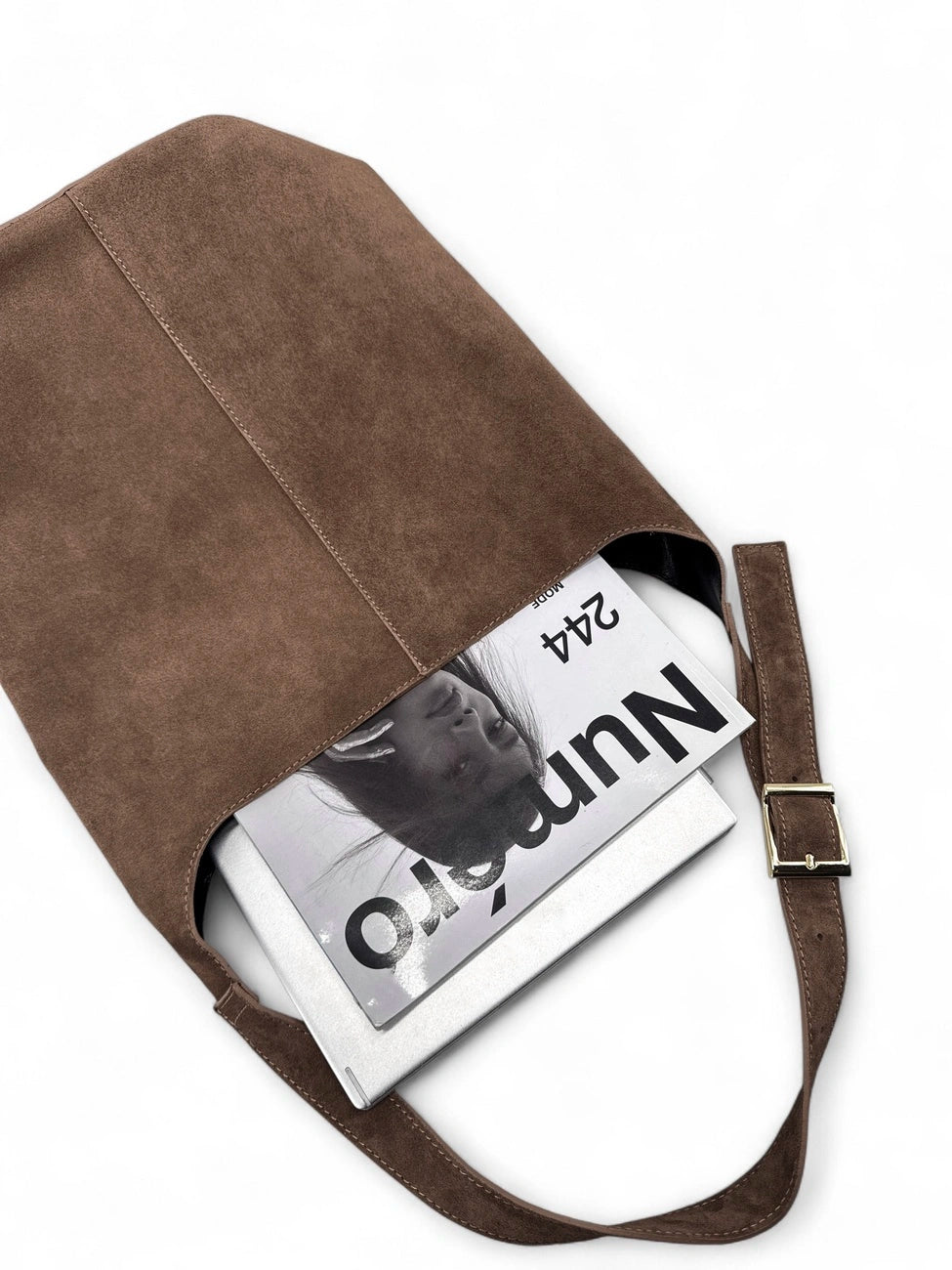 CLARENCE dark taupe suede bucket bag