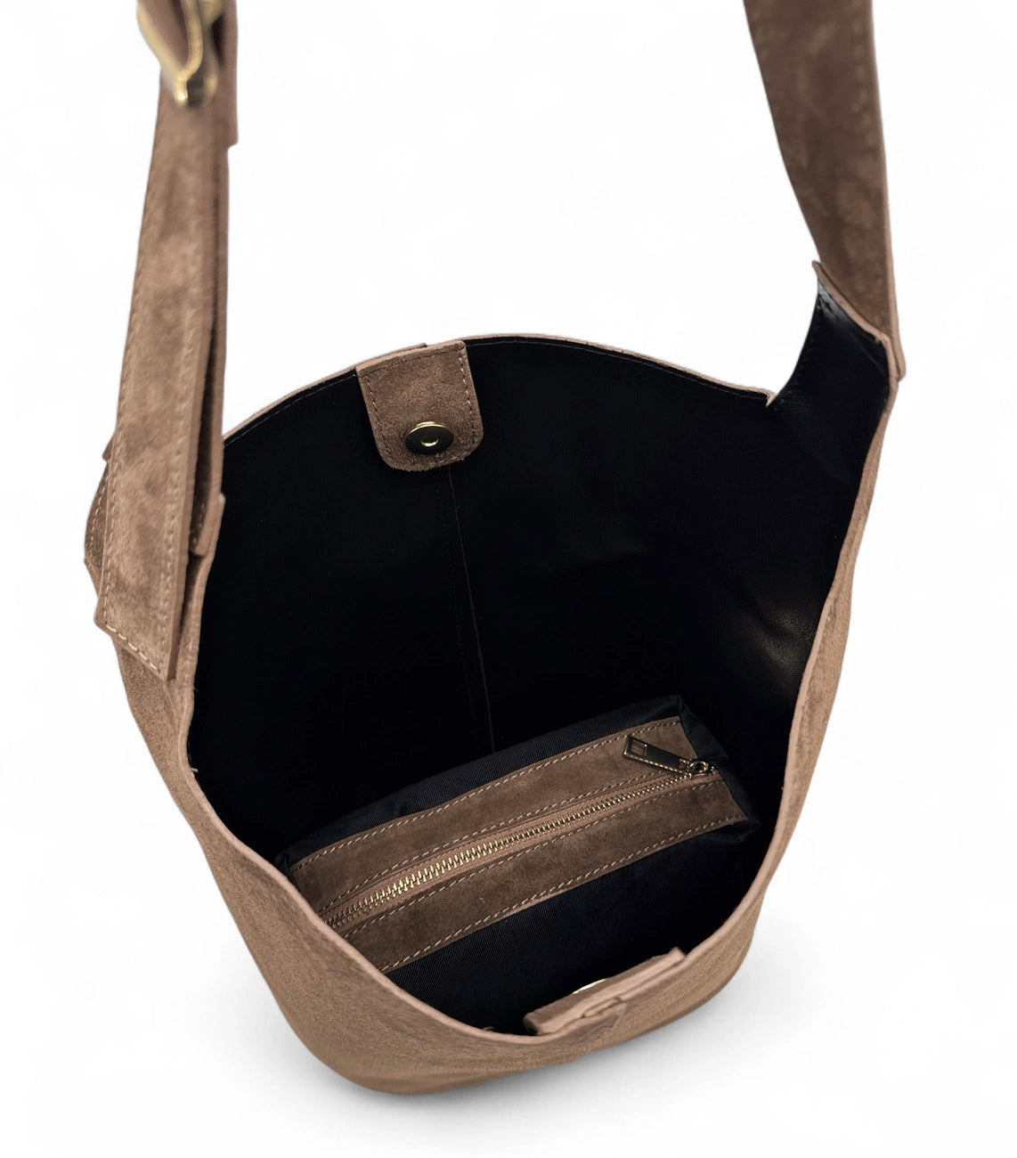 CLARENCE dark taupe suede bucket bag