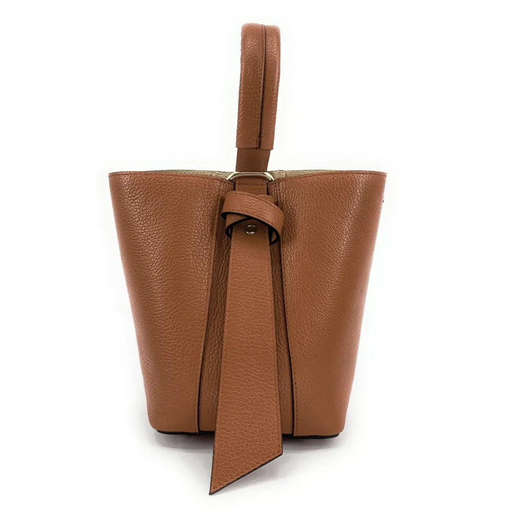 Sac seau et pochette en cuir grainé BIRDIE Camel foncé