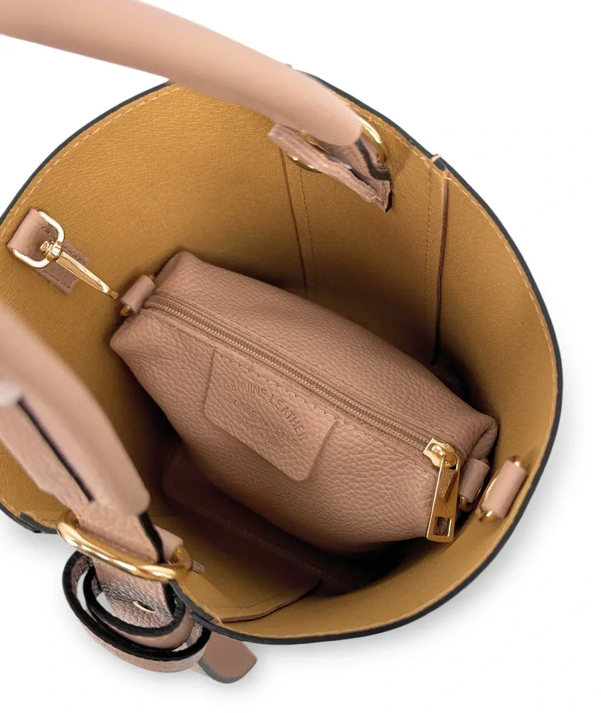 Sac seau et pochette en cuir grainé BIRDIE Rose nude