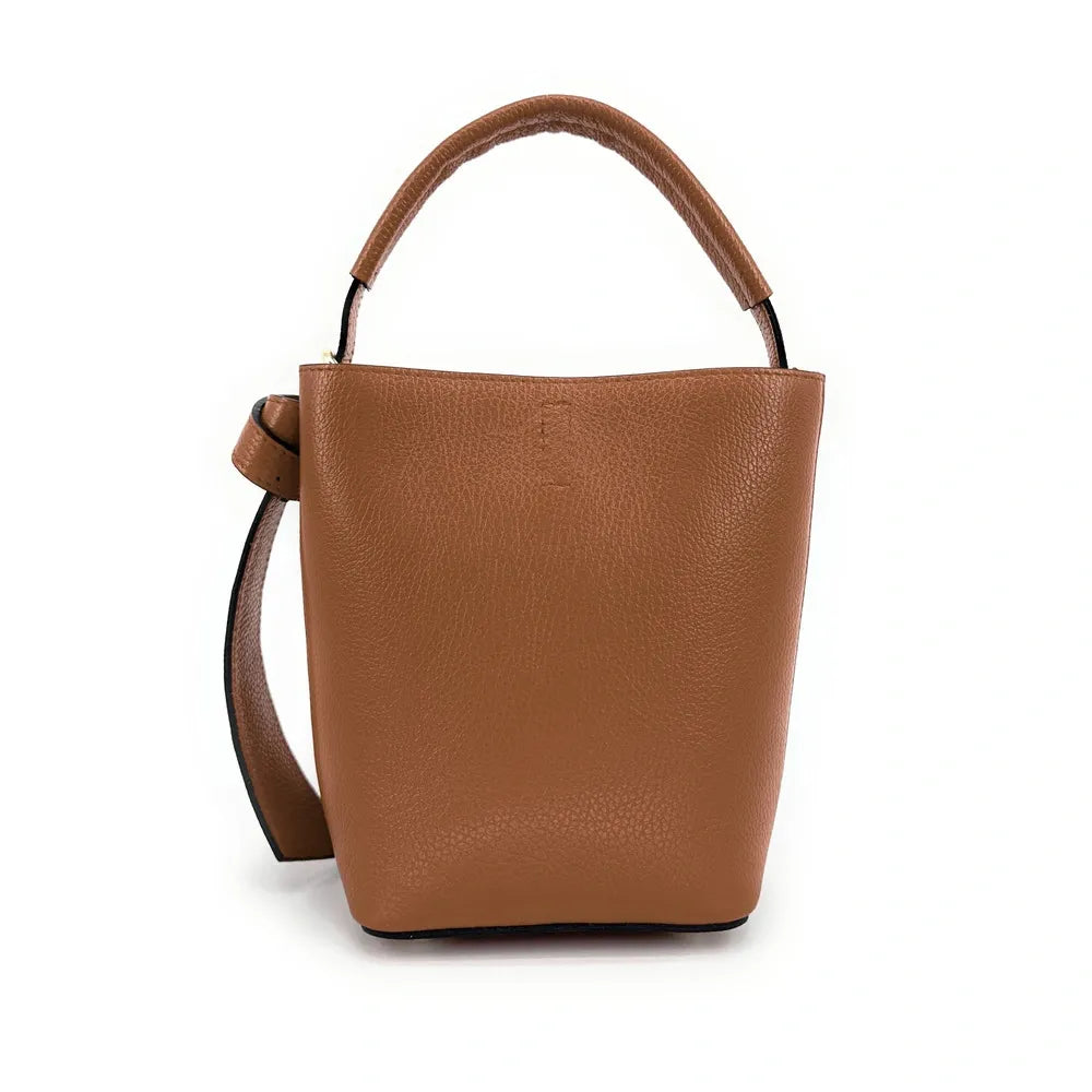 Sac seau et pochette en cuir grainé BIRDIE Camel foncé