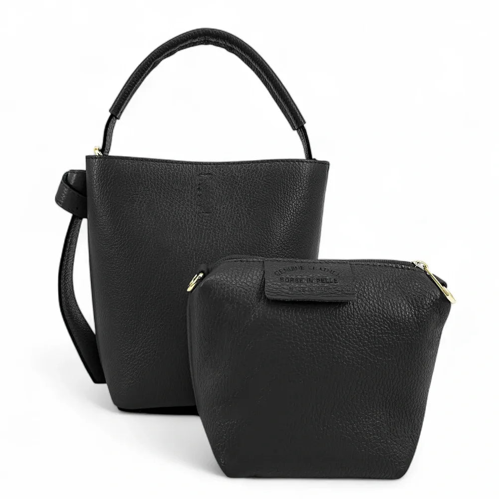 Sac seau et pochette en cuir grainé BIRDIE Noir