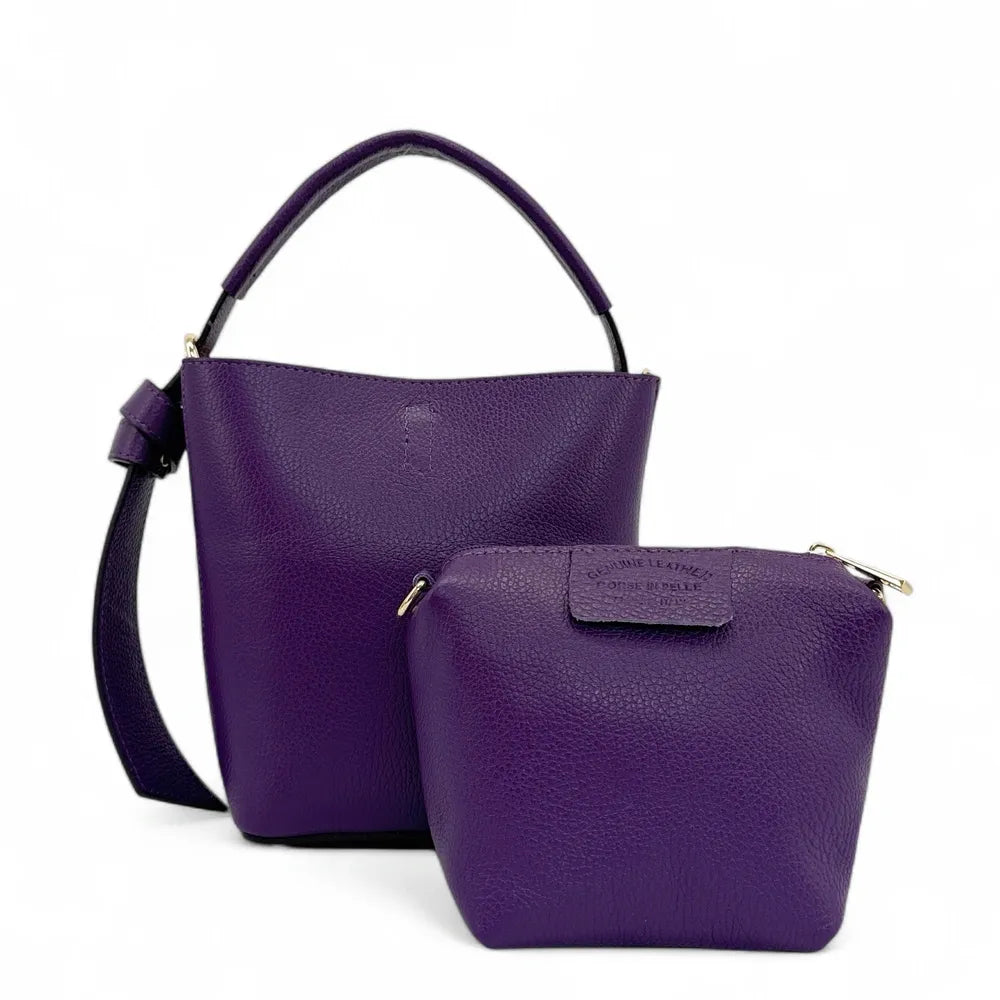 Sac seau et pochette en cuir grainé BIRDIE Violet