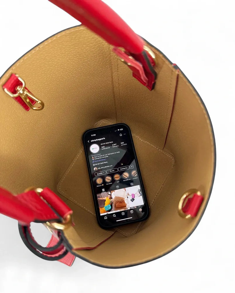 Sac seau et pochette en cuir grainé BIRDIE Rouge garance