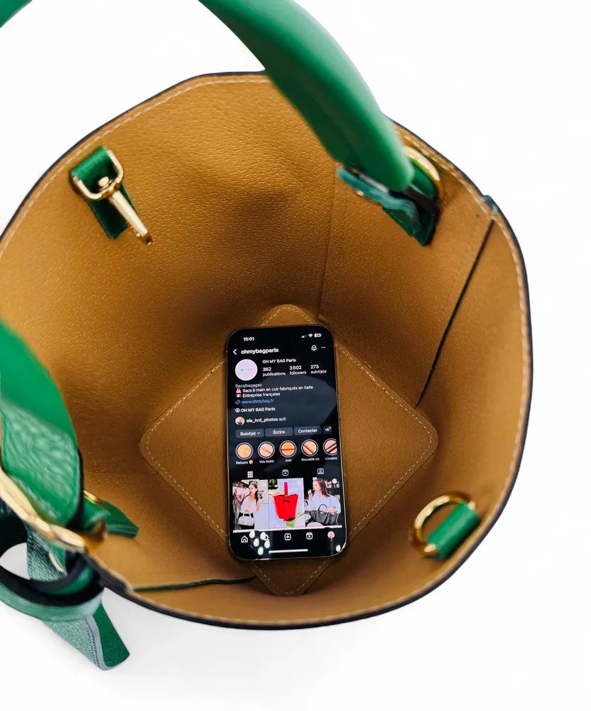 Sac seau et pochette en cuir grainé BIRDIE Vert anglais