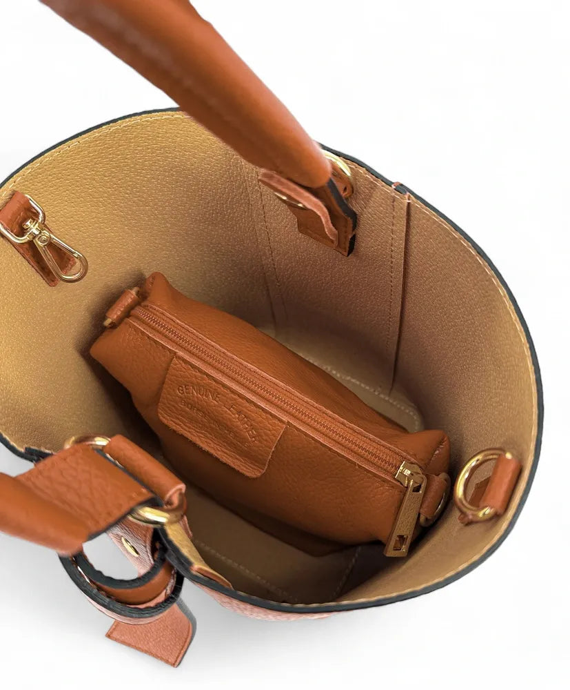 Sac seau et pochette en cuir grainé BIRDIE Camel foncé