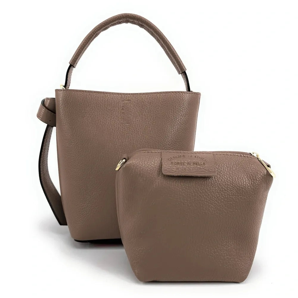 Sac seau et pochette en cuir grainé BIRDIE Taupe foncé