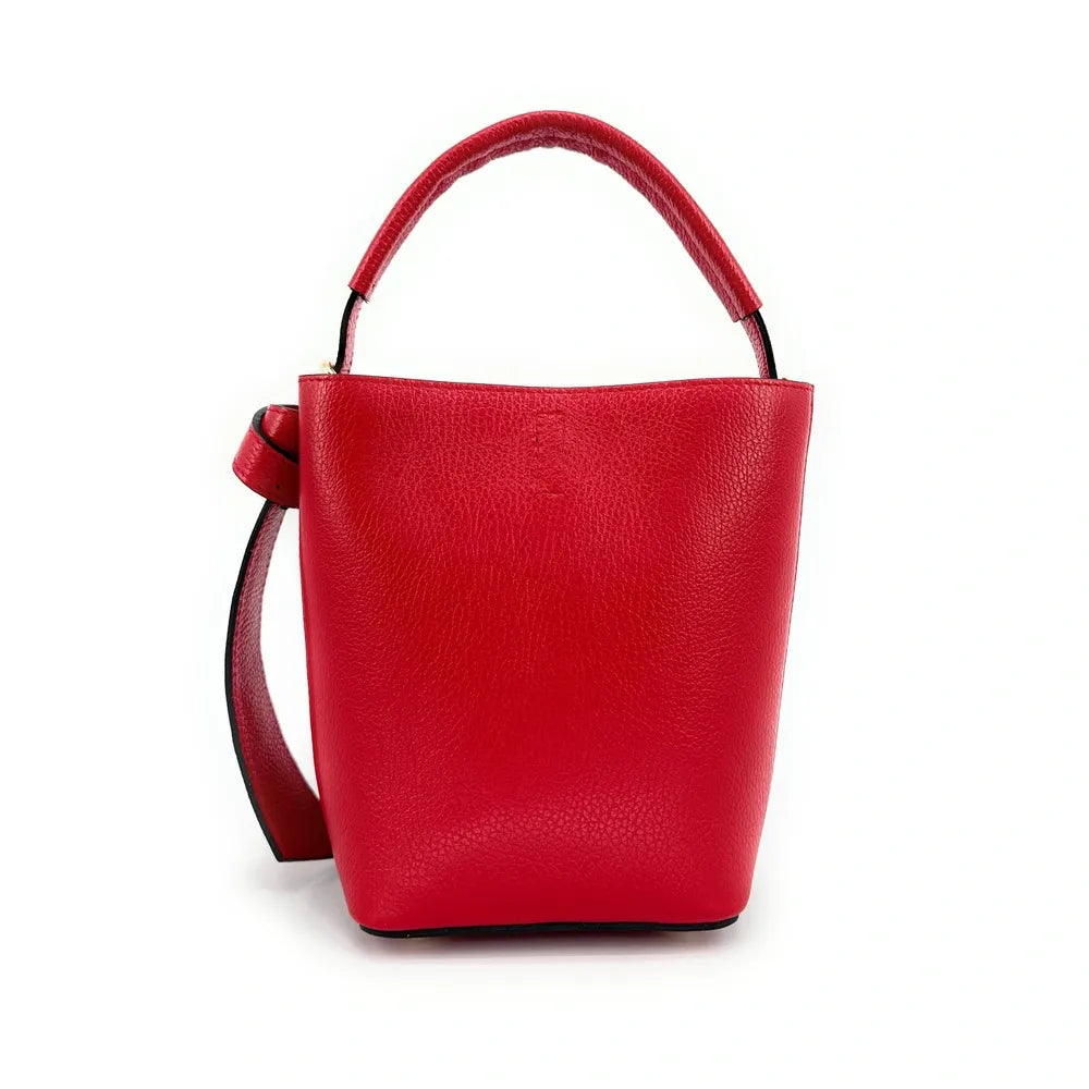 Sac seau et pochette en cuir grainé BIRDIE Rouge garance
