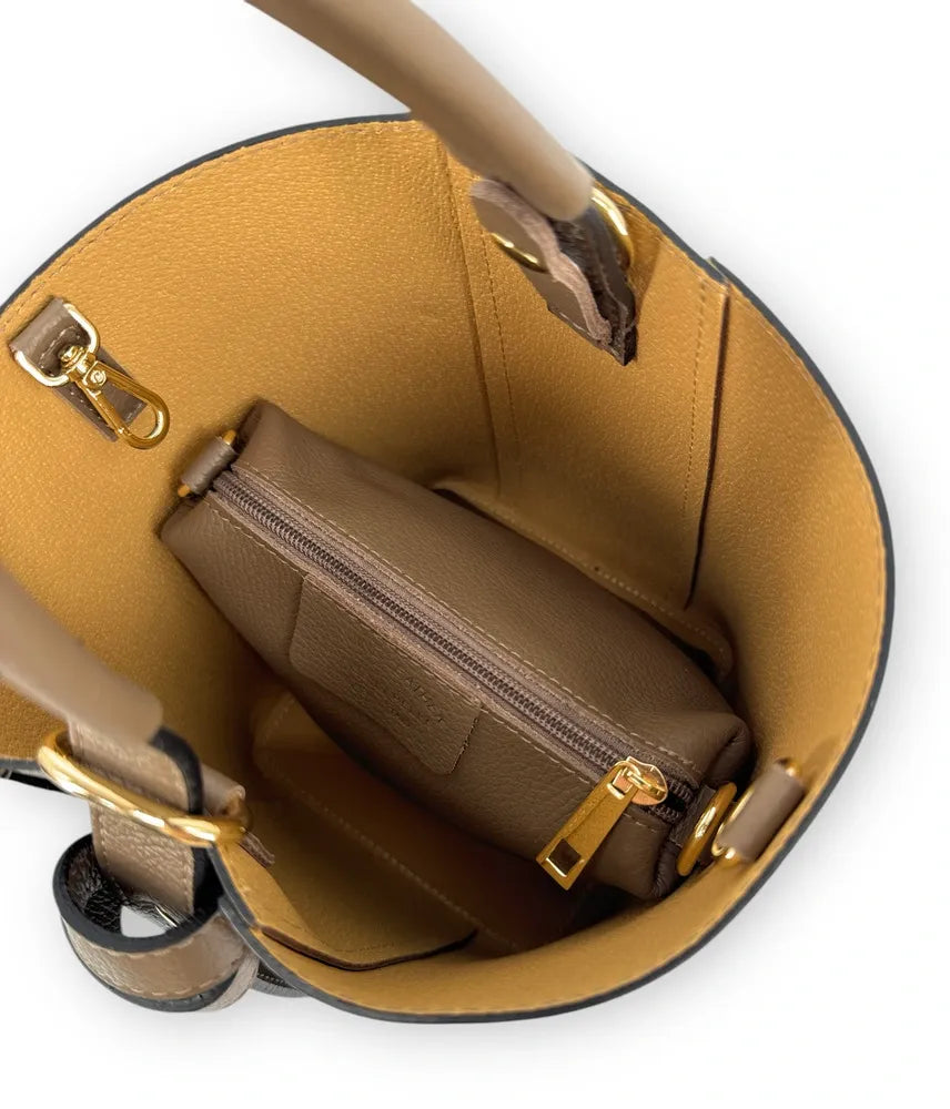 Sac seau et pochette en cuir grainé BIRDIE Taupe foncé