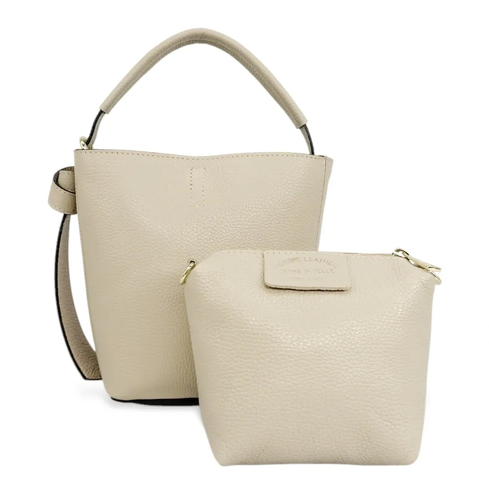 Sac seau et pochette en cuir grainé BIRDIE Taupe clair