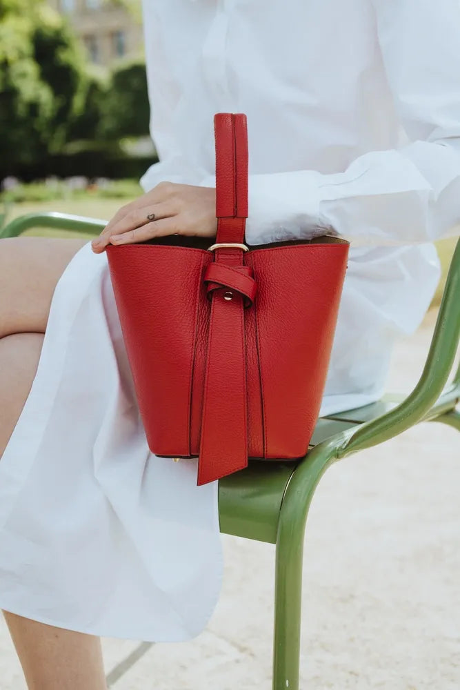 Sac seau et pochette en cuir grainé BIRDIE Rouge garance