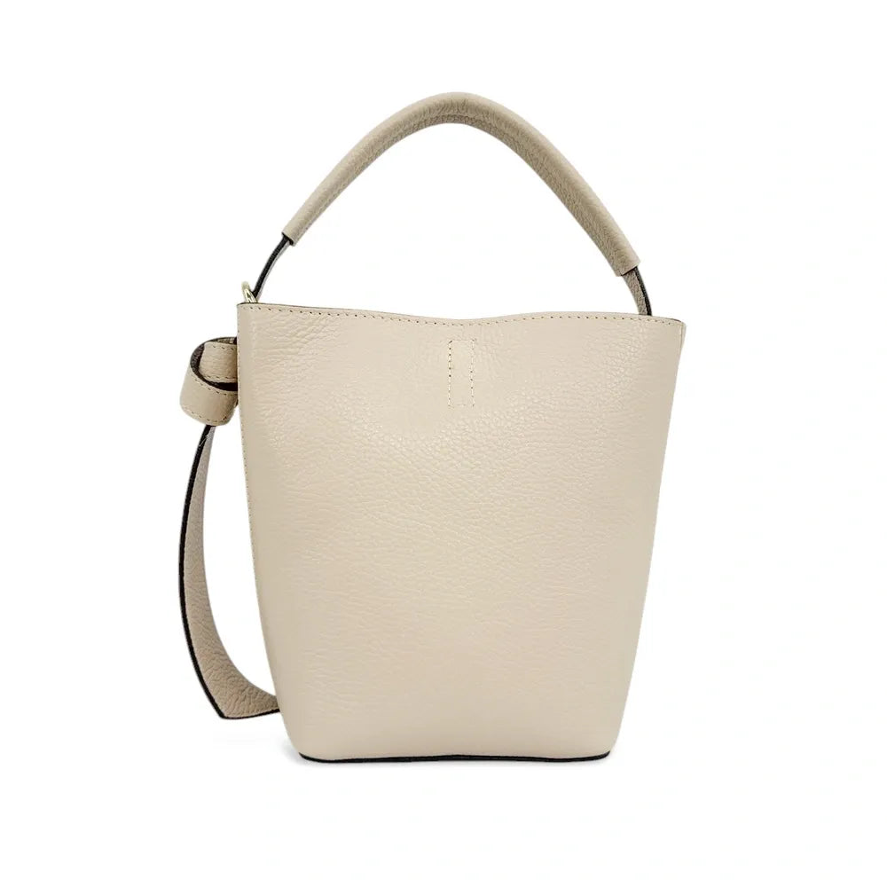 Sac seau et pochette en cuir grainé BIRDIE Taupe clair