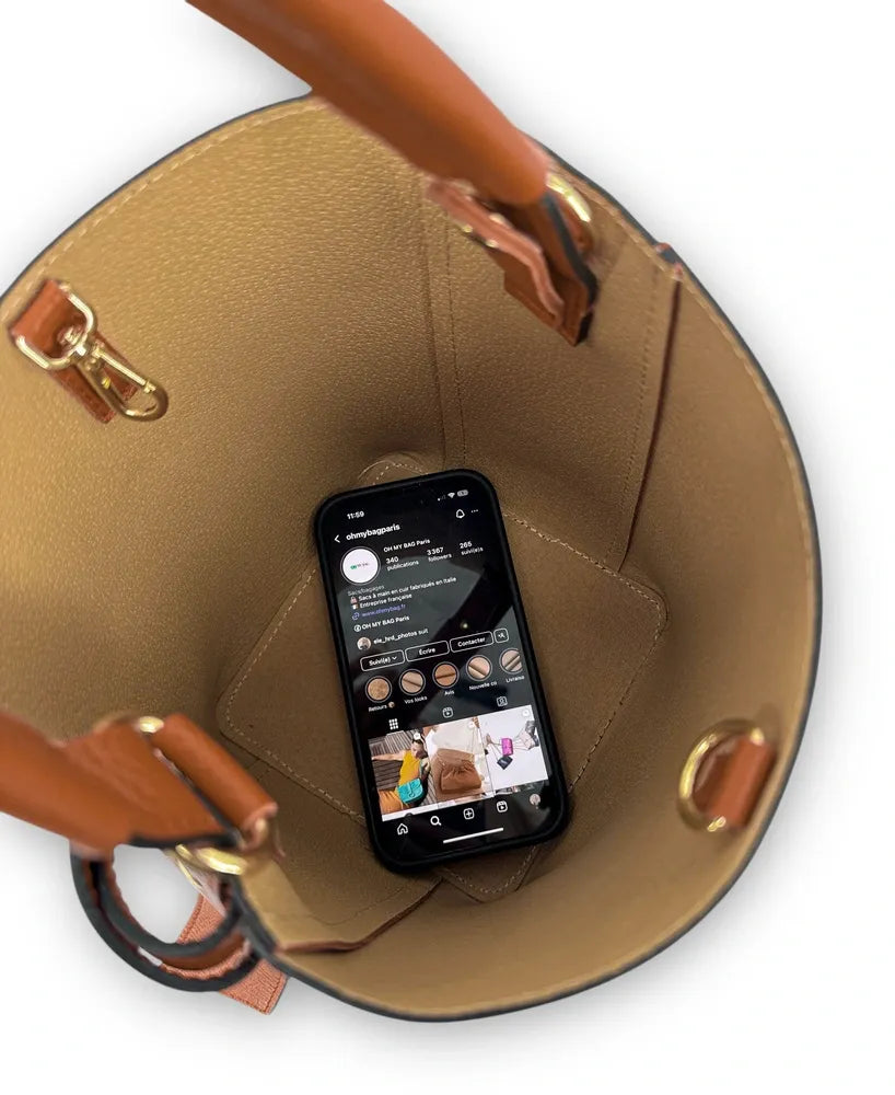 Sac seau et pochette en cuir grainé BIRDIE Camel foncé