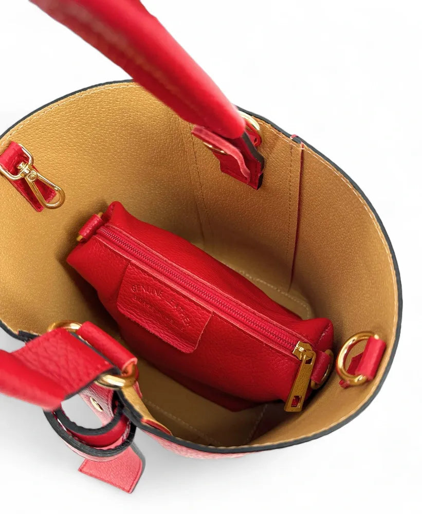 Sac seau et pochette en cuir grainé BIRDIE Rouge garance