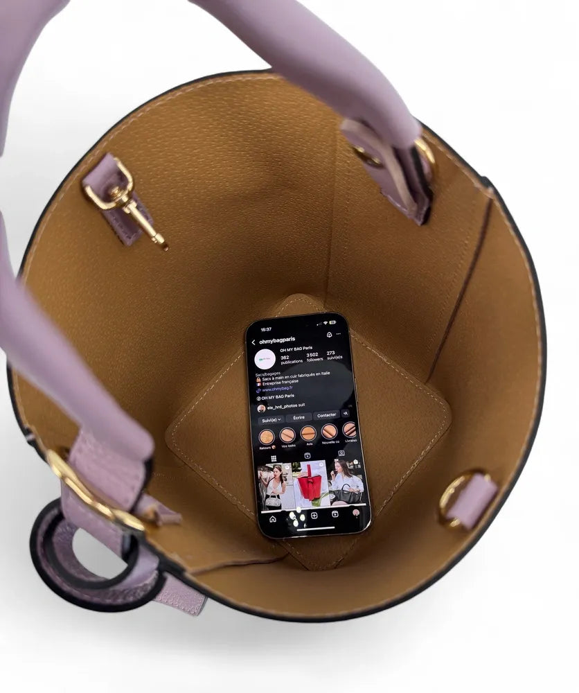 Sac seau et pochette en cuir grainé BIRDIE Lilas