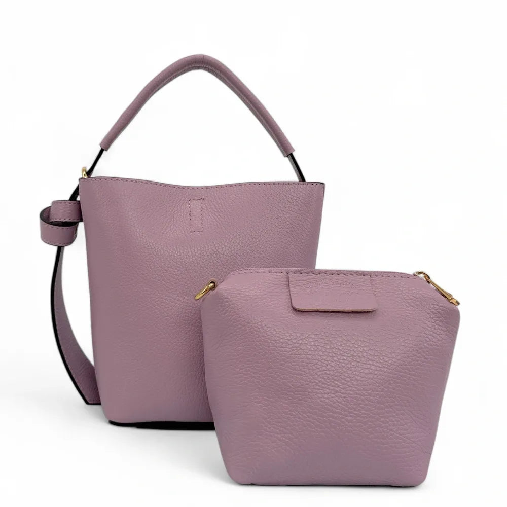 Sac seau et pochette en cuir grainé BIRDIE Lilas