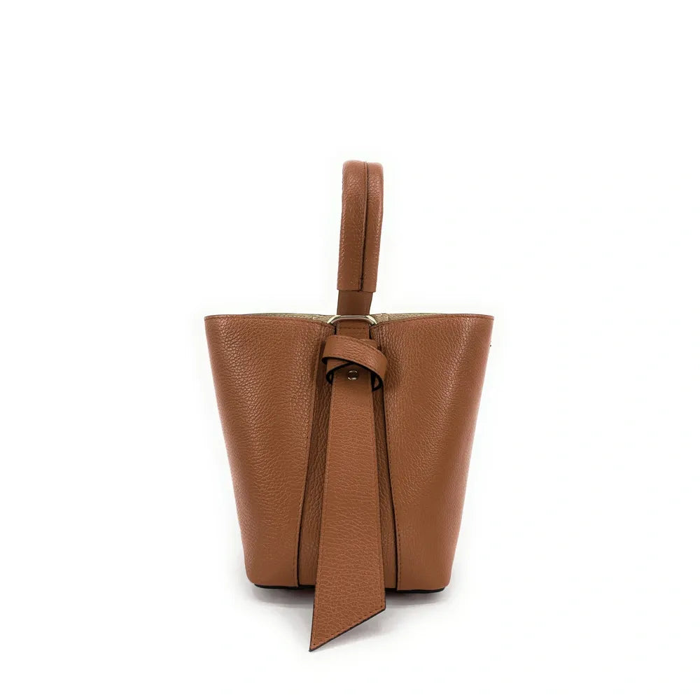 Sac seau et pochette en cuir grainé BIRDIE Camel foncé