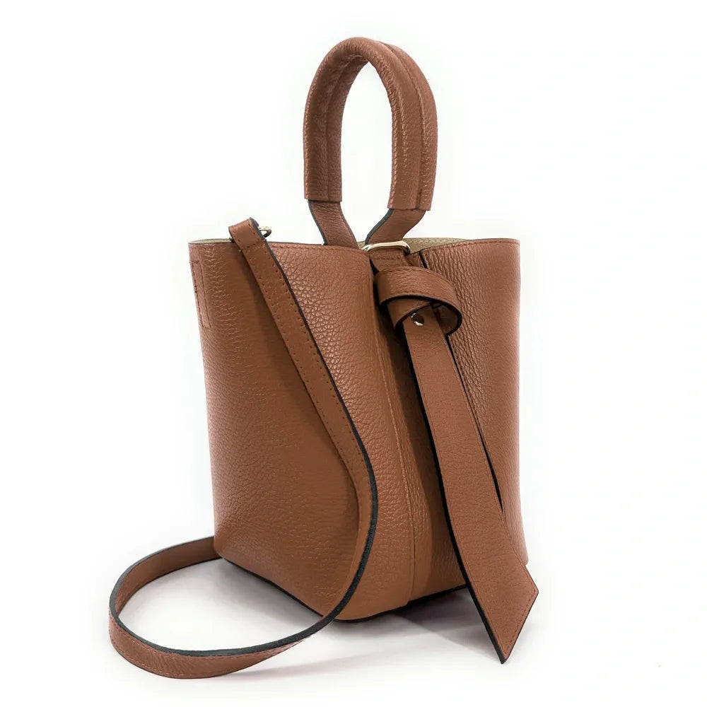 Sac seau et pochette en cuir grainé BIRDIE Camel foncé