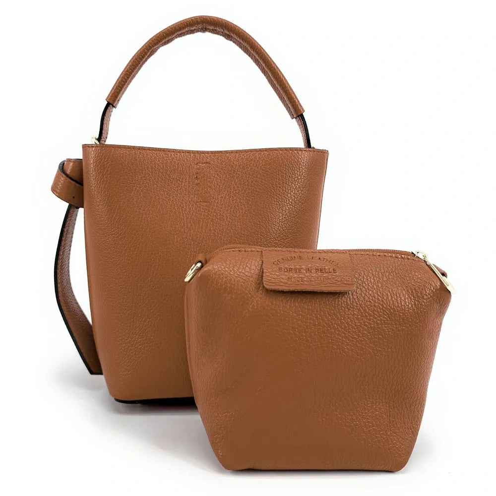 Sac seau et pochette en cuir grainé BIRDIE Camel foncé