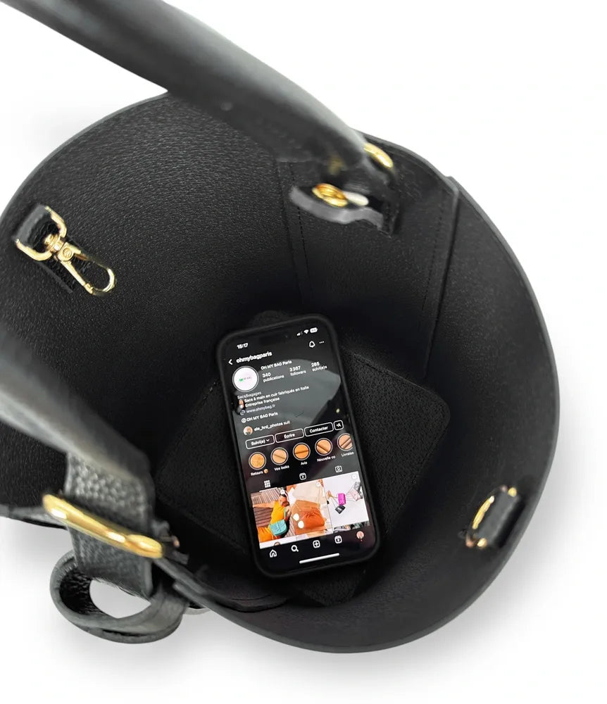 Sac seau et pochette en cuir grainé BIRDIE Noir