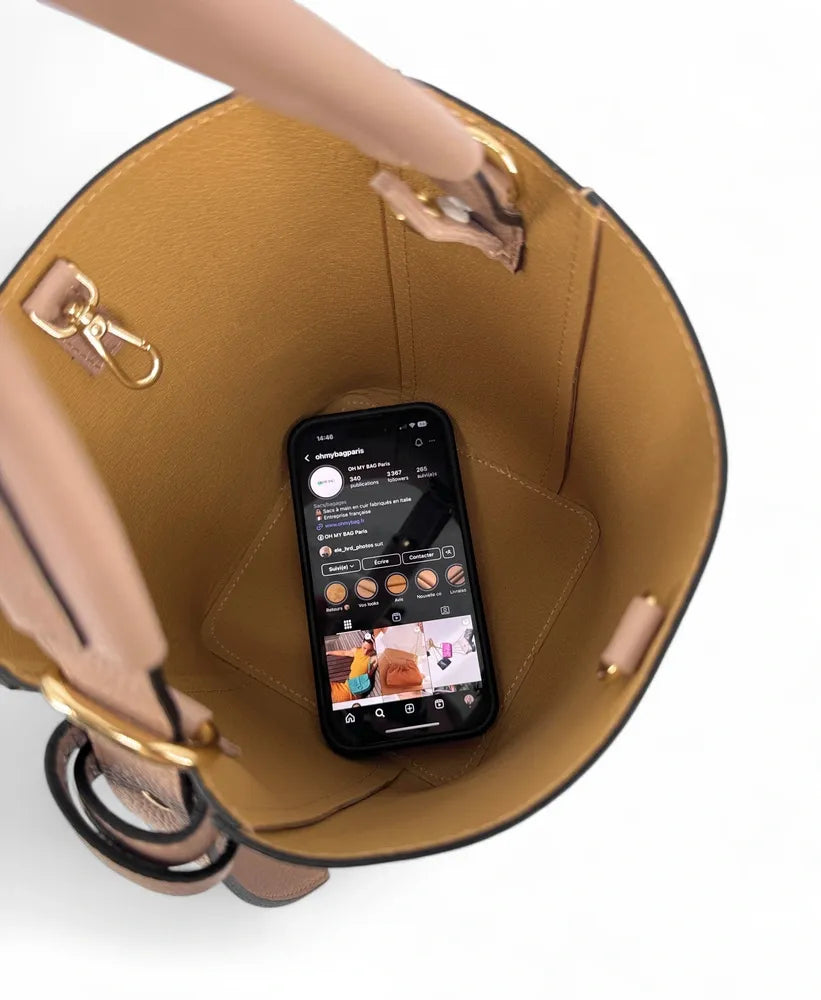Sac seau et pochette en cuir grainé BIRDIE Rose nude
