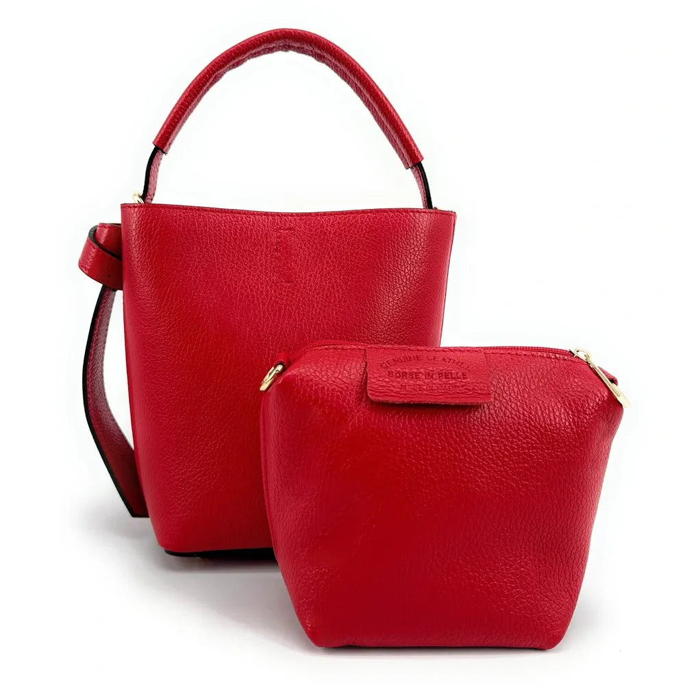 Sac seau et pochette en cuir grainé BIRDIE Rouge garance