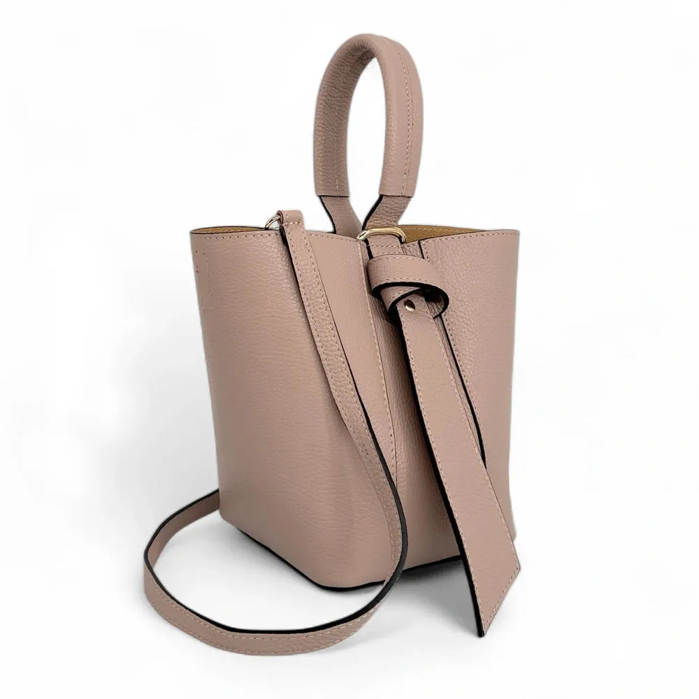 Sac seau et pochette en cuir grainé BIRDIE Rose nude