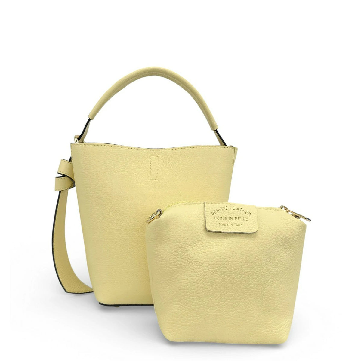 Beuteltasche und Clutch aus genarbtem Leder BIRDIE Softgelb