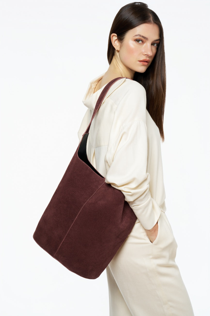 Sac seau en daim CLARENCE Bordeaux