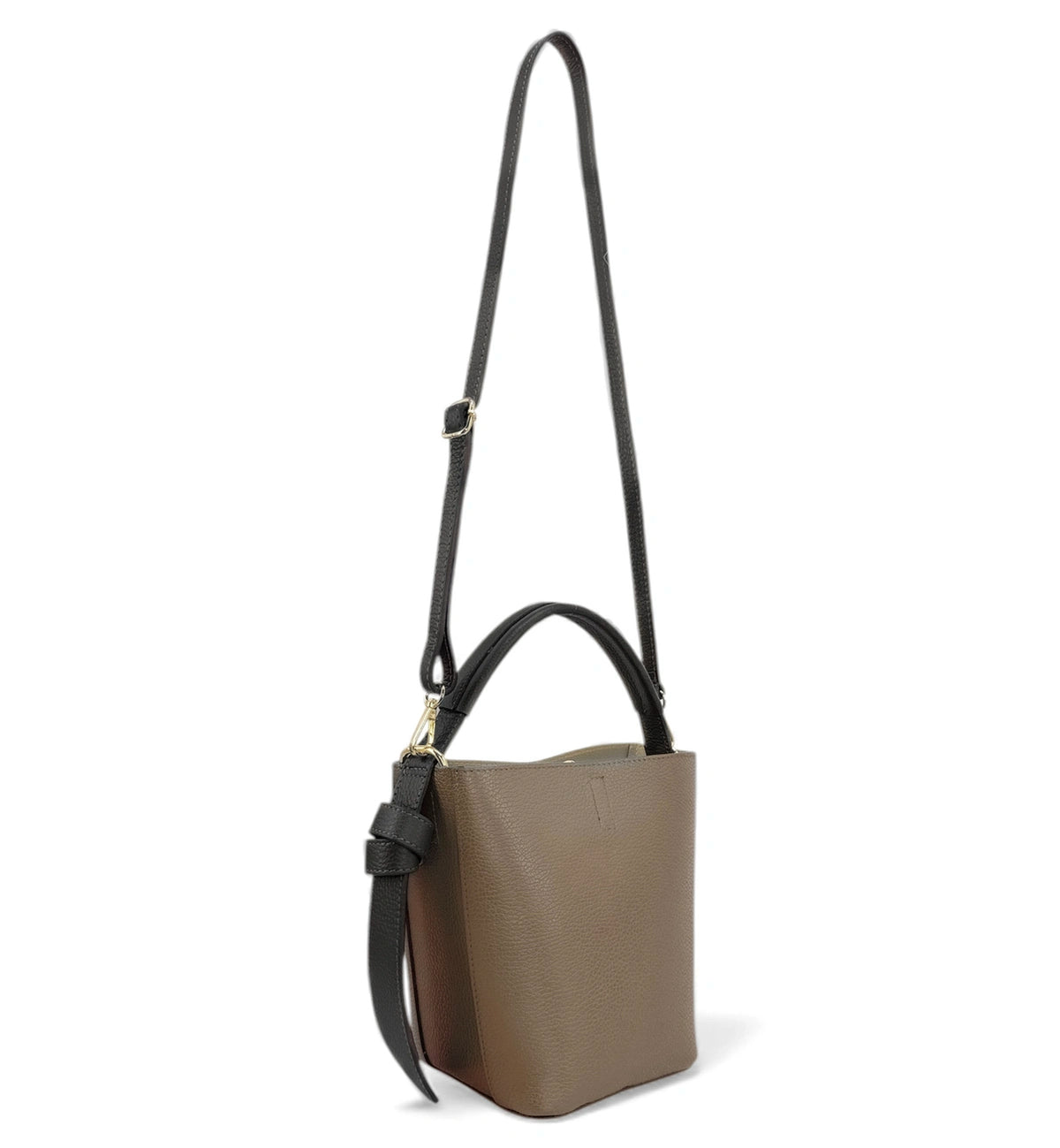 Beuteltasche und Clutch aus genarbtem Leder BIRDIE Schwarz und Dunkeltaupe